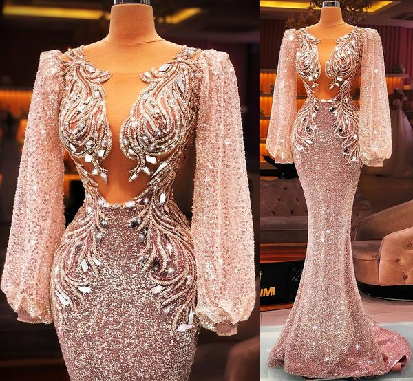 Sparkly Arapça Seksi Pembe Payetli Balo Elbiseler Boncuklu Kristal Uzun Kollu Mermaid Abiye Custom Made Party İkinci Resepsiyon Abiye