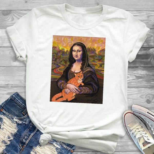 

painting cat printed women t shirt short sleeve loose tee clothes graphic, White