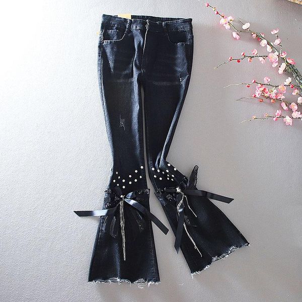 

spring women jeans retro style butterfly knot diamonds tassels fashion lady flare type sequins black denim pants women's, Blue