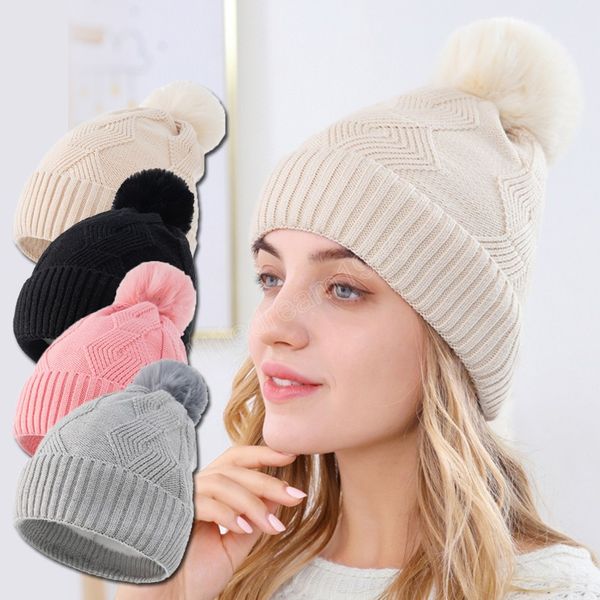 

winter brand female fur pom poms hat solid color hat for women knitted beanies cap thick woman skullies caps, Blue;gray