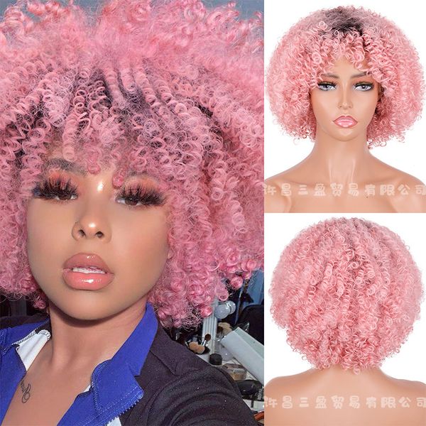 

gradual powder change black two color short style small exploding roll chemical fiber high temperature silk wig head, Black;brown