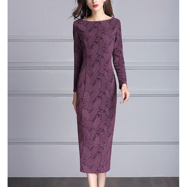 

casual dresses fashion autumn winter ladies wine red party slim women elegant long print leaf o-neck sleeve dress lj2043, Black;gray