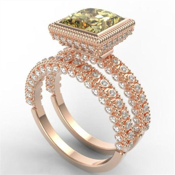 

cluster rings 2021 trendy luxury geometric crystal rose gold ring for women party anniversary all zircon 2pc/set 2 in 1 princess jewelry, Golden;silver