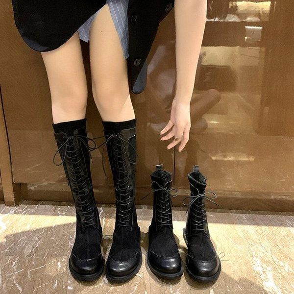 

boots shoes female 2021 han edition joker fashion tide autumn lace-up knight thick with women boot, Black