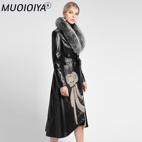 

women's leather & faux long coats women winter warm big real natural fur raccoon collar slim genuine jacket sheepskin overcoat down par, Black