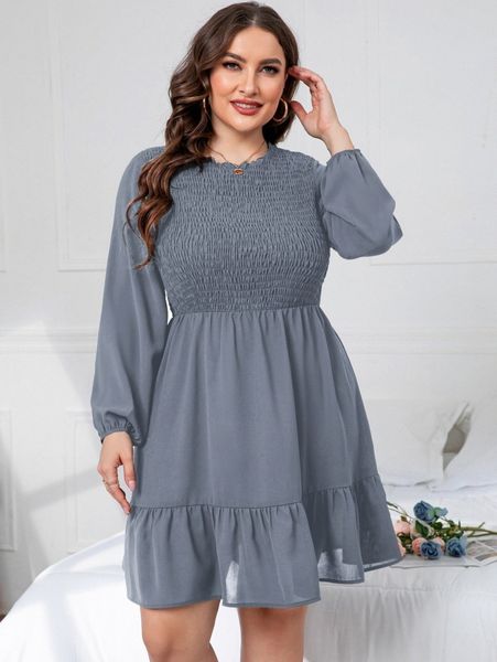 

plus shirred lantern sleeve ruffle hem dress 82og#, Black