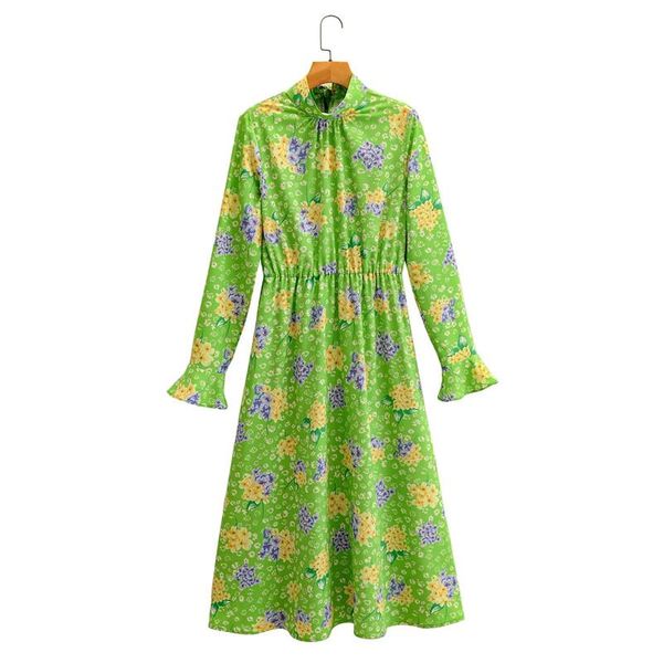 

casual dresses autumn women high waist floral print green long female 2021 elegant elastic sleeve back lace up dress femme, Black;gray