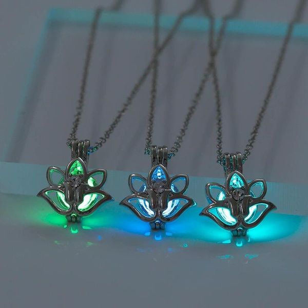 

chains three colors glowing in the dark lotus flower locket moonstone hollow pendant necklace for women yoga prayer buddhism jewelry, Silver