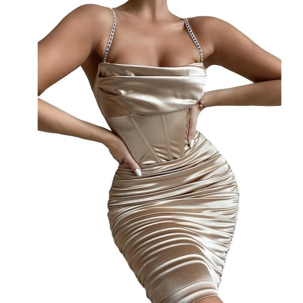 

casual dresses women summer low cut dress, adults ruched solid color boat neck diamond-encrusted spaghetti strap, Black;gray