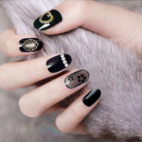 

false nails fake japan and south korea retro black gauze gem shiny nail patches wearable 24pcs with glue fa, Red;gold