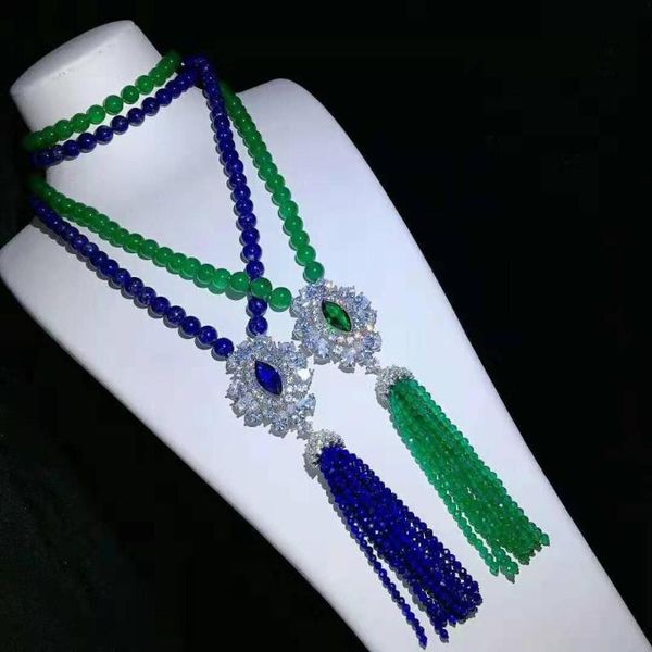 

chains charming 10 mm round green blue stone necklace micro inlay zircon accessories tassel long 88-90 cm, Silver