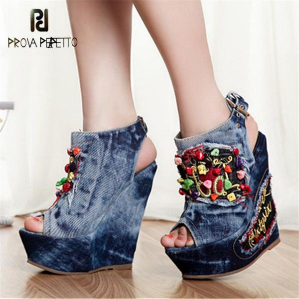 

prova perfetto summer denim sandals peep toe wedge shoes woman beading 12cm high heels women platform pumps ladies wedges, Black