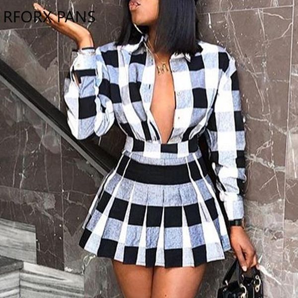 

two piece dress grid colorblock shirt & tight wasit pleated skirt sets, White