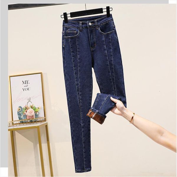 

winter with fleece womens jeans high waist stretch mujer plus size thick velvet patchwork slim warm trousers 5xl, Blue