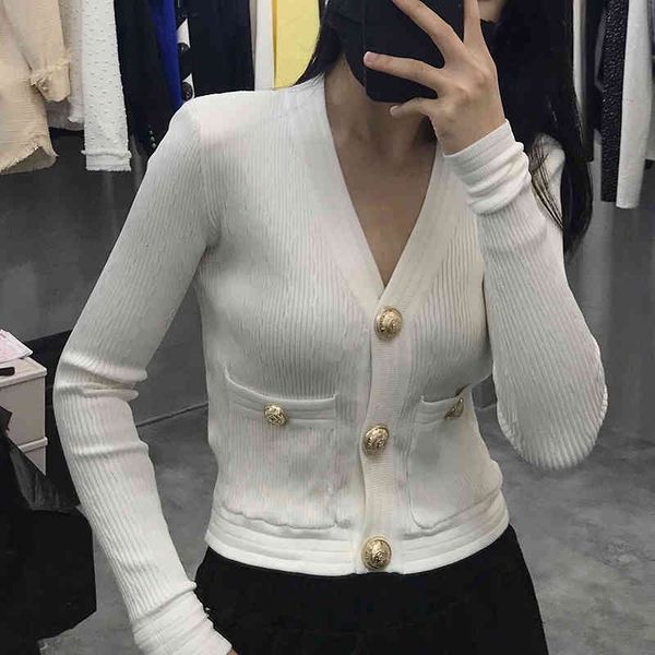 

women's knits & tees est fall winter designer sweater v-neck lion buttons knitted cardigan f8yk, White