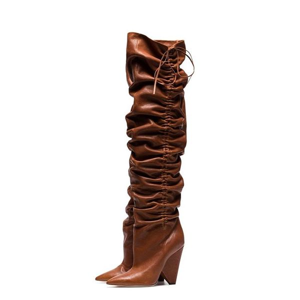

boots 2021 est over the knee spike heel woman pointed toe thigh high shoe pleated leather, Black