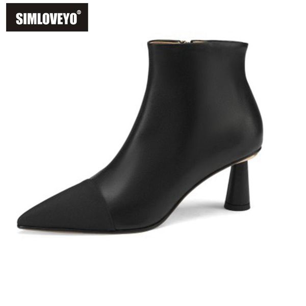 

boots simloveyo women genuine leather autumn winter casual ankle short high heel shoes botas mujer thin, Black