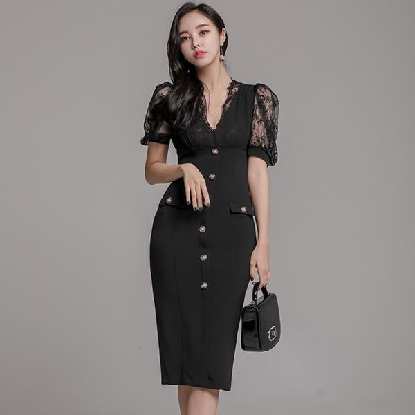 

casual dresses spring lace pencil dress korean v-neck single-breasted puff sleeve work party slim bodycon 5tb8, Black;gray