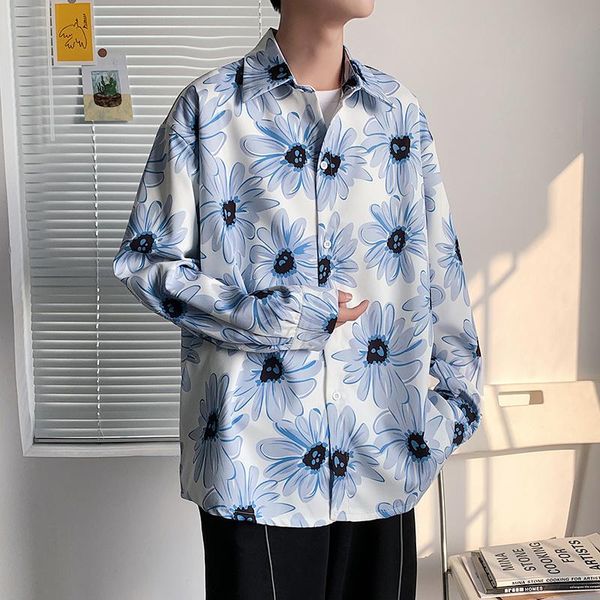 

men's casual shirts autumn flower fashion printed men dress shirt korean loose long-sleeved mens hawaiian, White;black