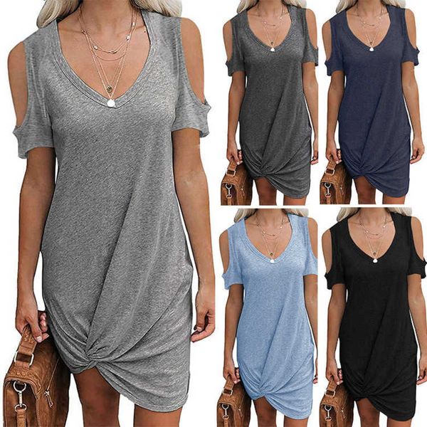 

fashion short sleeve summer dress solid off shoulder twist women's wear, Black;gray