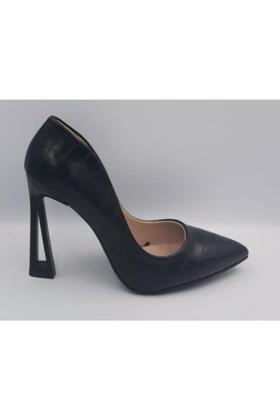 

women black stiletto embossed faux leather triangle heel  cm shoes dress