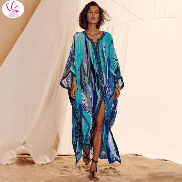 

print split straight kaftan beach long dress women bohemian lace up overized robe blue loose pareos maxi dresses women's swimwear, White;black