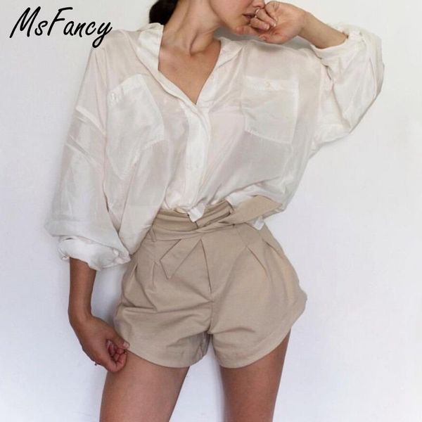 

msfancy summer shorts sets women long sleeve pocket oversized shirt high waist bandage casual 2021 mujer 2 piece women's tracksuits, Gray