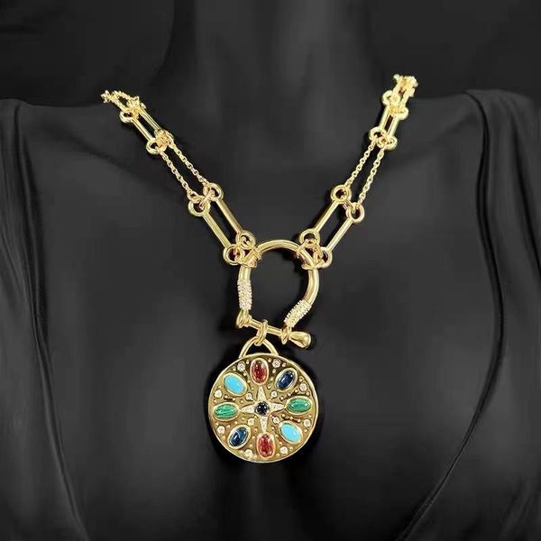 

chains july s925 sterling silver roman wind color stone pendant necklace double layer retro monaco jewelry lady gift