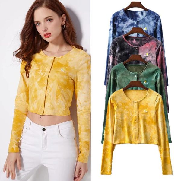 

women's t-shirt 2021 fashion women autumn long sleeve short female tie dye crop tee shirt femme elegant tshirt streetwear, White