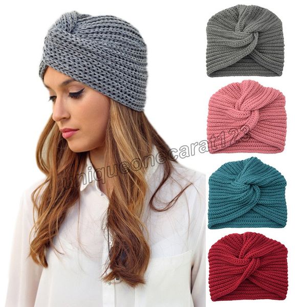 

knot bandanas turban caps autumn winter warm knitting turban cap solid center cross twist women hair hat cap, Blue;gray