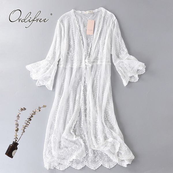 

summer women long transparent blouse white lace maxi cardigan coat outwear 210415