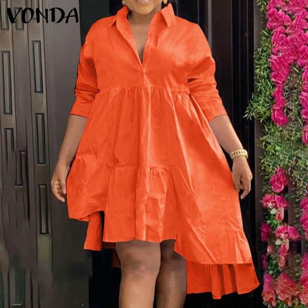 

casual dresses 2021 summer dress vonda women lapel collar asymmetric hem solid party vestido long sleeve pleated robe femme, Black;gray