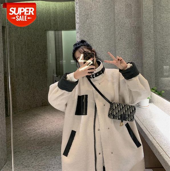 

[double-sided overcoat] korean mid-length warm wool coat female lamb hair #qv2g, Black