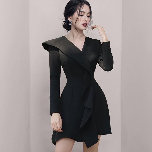

casual dresses 2021 runway women black ruffles party irregular length celebrate ladies slim and mini dress, Black;gray