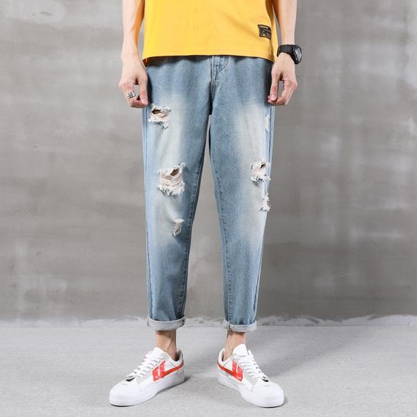 

men's jeans men ripped pantsspring and summer korean edition trend harun casual pure color nine-point pant 3135, Blue