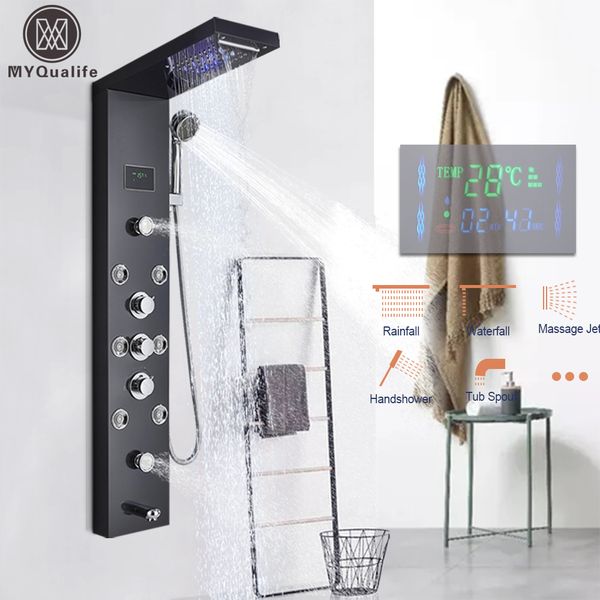 

led light shower panel waterfall rain shower faucet set spa massage jet bath shower column mixer tap tower