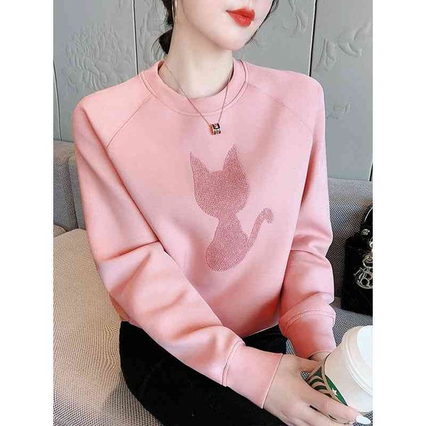 

shangweiluo heavy industry sweater 2021 new round neck design sense space cotton pink hoodless loose korean top, Black