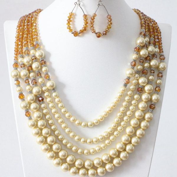 

earrings & necklace champagne simulated-pearl shell glass beads 5 rows for weddings party gifts jewelry set b983-18, Silver