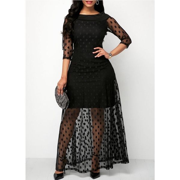 

party dresses summer new women long maxi formal dress mesh dot print see-through ball gown 19t0, White;black