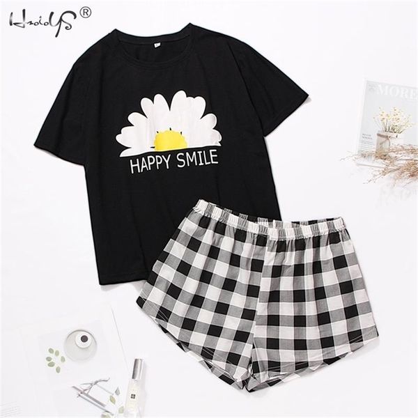 

cotton pajama set female heart print pijamas mujer short sleeve t-shirt and shorts ladies' pyjamas summer sleepwear home clothes 210330, Black;red