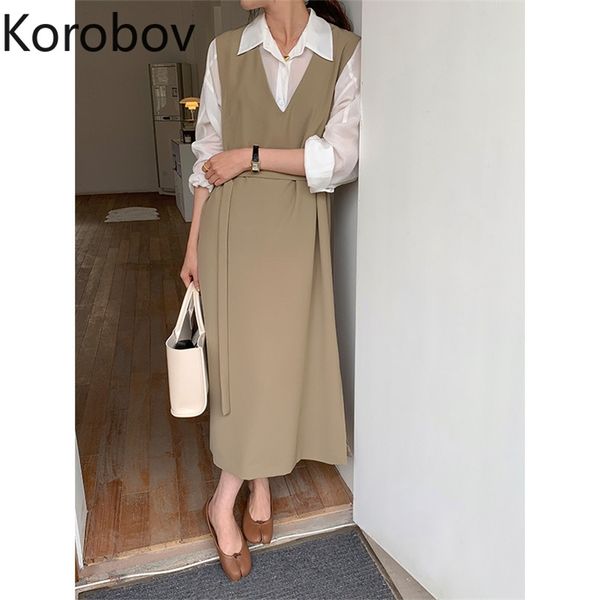 Korobov Robe Koreanischen Stil V-ausschnitt Ärmelloses Kleid Frauen Einfarbig Schlanke Taille Spitze Up Elegante Kleider Büro Damen Vestidos 210430