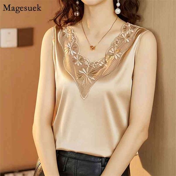 

sleeveless v-neck embroidery lace women's shirt plus size satin solid loose blouses fashion base female shirts blusas 13737 210512, White