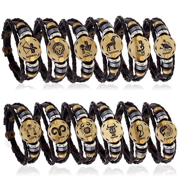 

12pcs constellations fashion jewelry leather men casual personality zodiac signs handmade horoscope bangle punk bracelet, Golden;silver