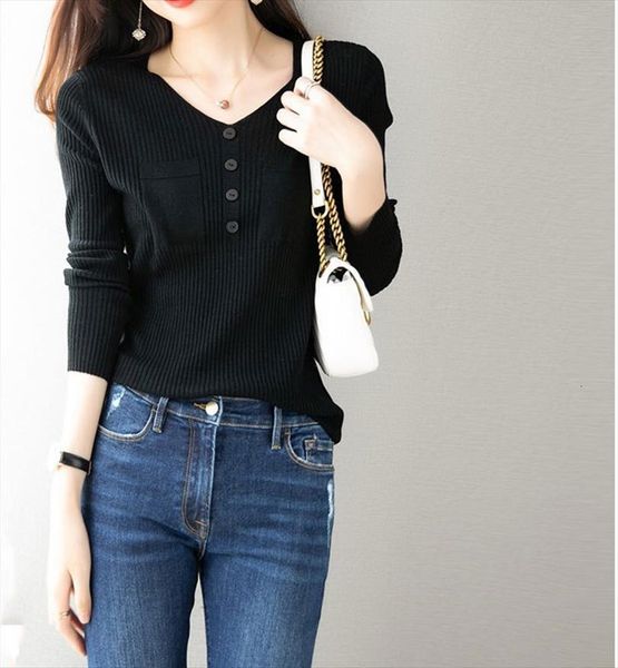 

autumn women knitted sweaters v neck button plus size casual long sleeve pullover female comfortable solid, White;black