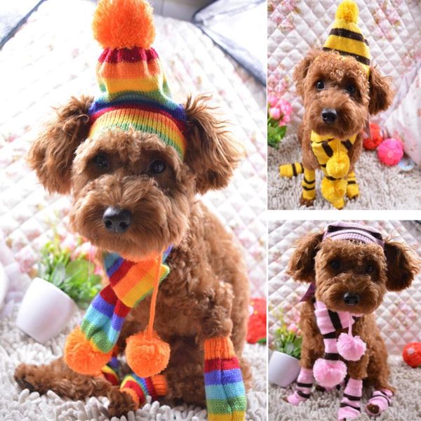 

dog apparel winter pet puppy accessories for dogs knitted striped hats scarf socks little small big animals yorkshire chihuahua cat products