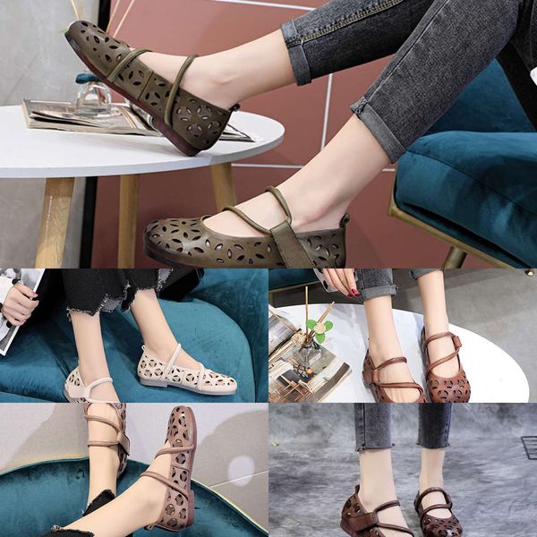 

Casual shoes Huji 2021 spring and summer new leisure hollow flat bottomed hole shoes leather round head Velcro women's 9O5D AJJL, Green