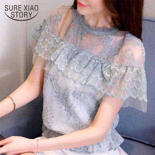 

women's shirts summer blouses short sleeve ruffles lace women blouse shirt womens and clothing 3472 50 210506, White