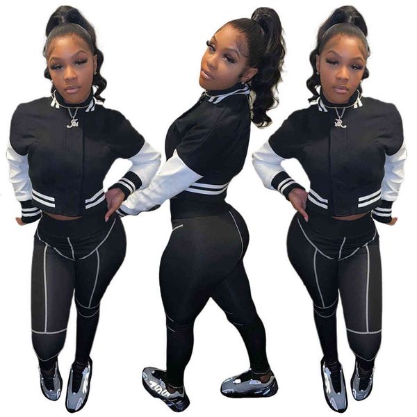 

q3119 women's winter splicing thick air layer baseball suit two piece set, Gray