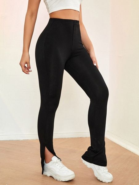 

elastic waist split hem leggings k7z3#, Black;white