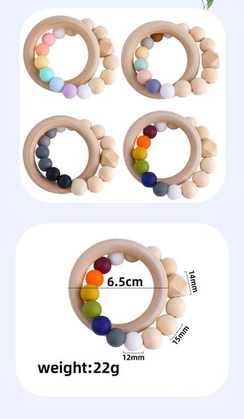 

natural safe wooden baby silicone teethers candy color beads circle teething ring infant